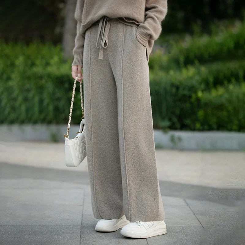 Women's 100% Pure Wool Knitted Casual Center With Pockets Wide Leg Pants for Wearing Outside Jogging Pants Women's Clothing