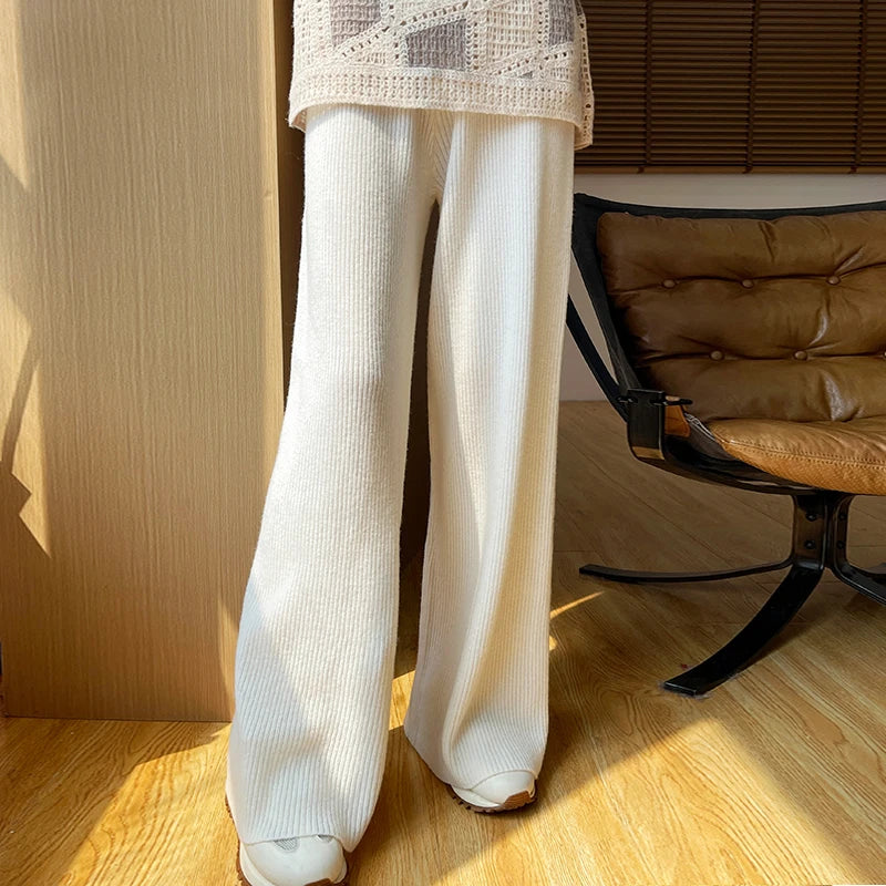 Women's autumn and winter 100% Merino Wool Sprout Leg Pants High Waist Straight leg Casual Knitted Pants Loose Outer Wool Pants
