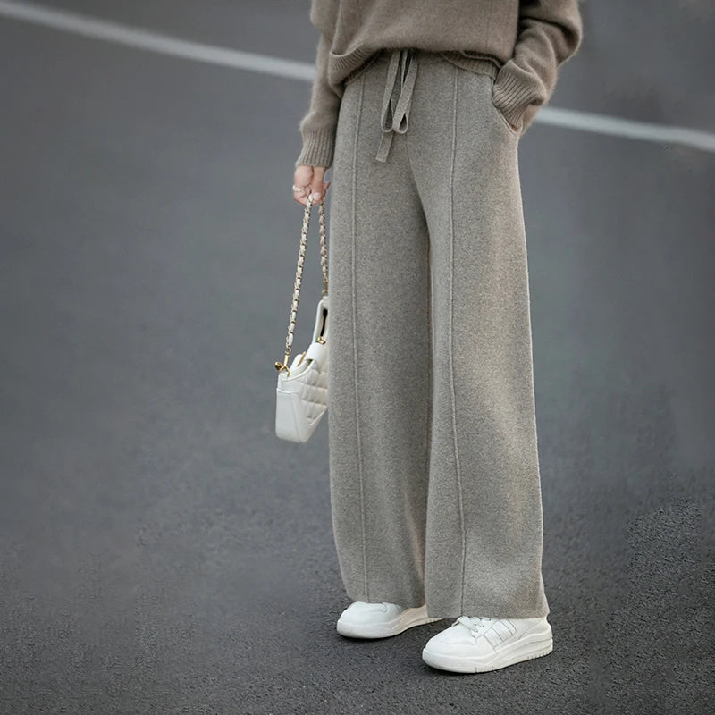 Women's 100% Pure Wool Knitted Casual Center With Pockets Wide Leg Pants for Wearing Outside Jogging Pants Women's Clothing