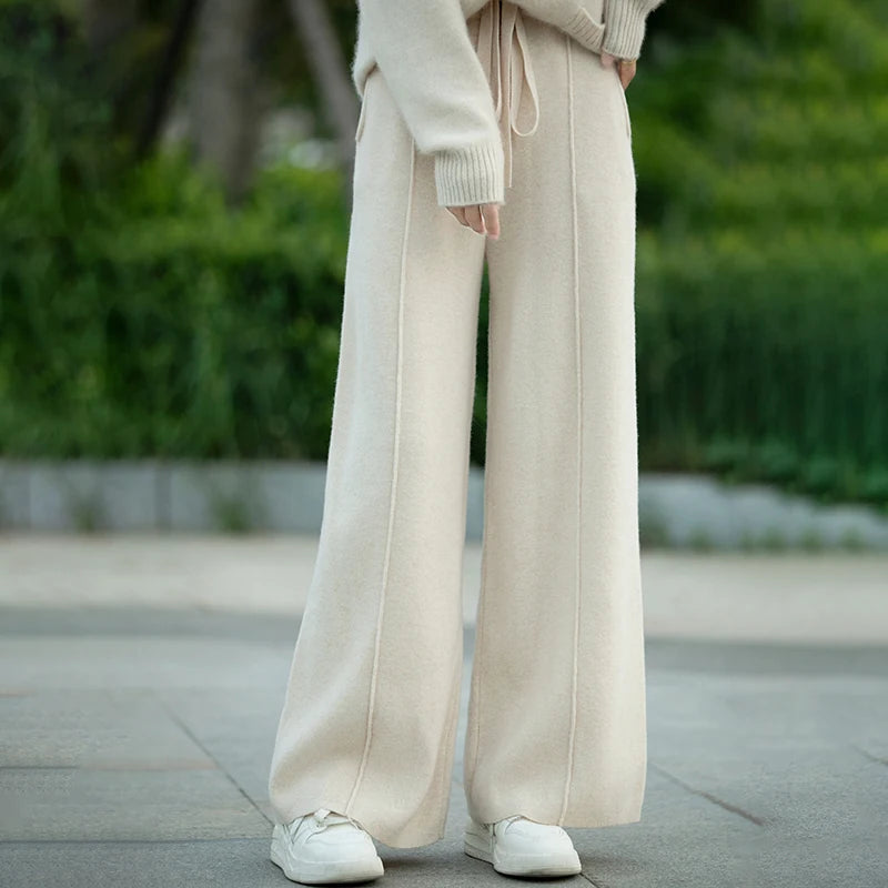 Women's 100% Pure Wool Knitted Casual Center With Pockets Wide Leg Pants for Wearing Outside Jogging Pants Women's Clothing